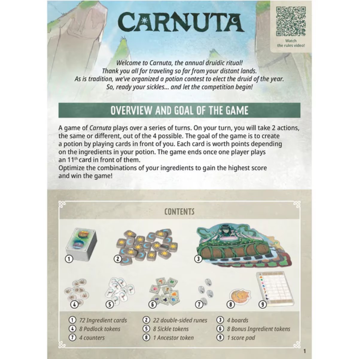 Carnuta gameplay overview showing the potion-building goal and included Ingredient cards, runes, boards and tokens