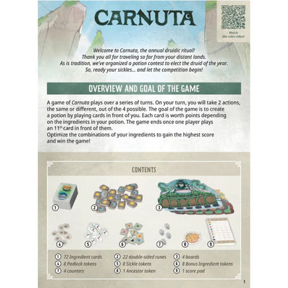 Carnuta gameplay overview showing the potion-building goal and included Ingredient cards, runes, boards and tokens