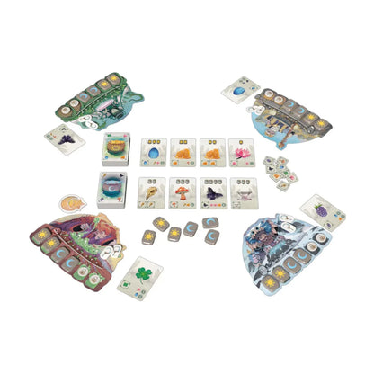 Carnuta board game setup showing player boards, Ingredient cards, Sun and Moon runes and tokens