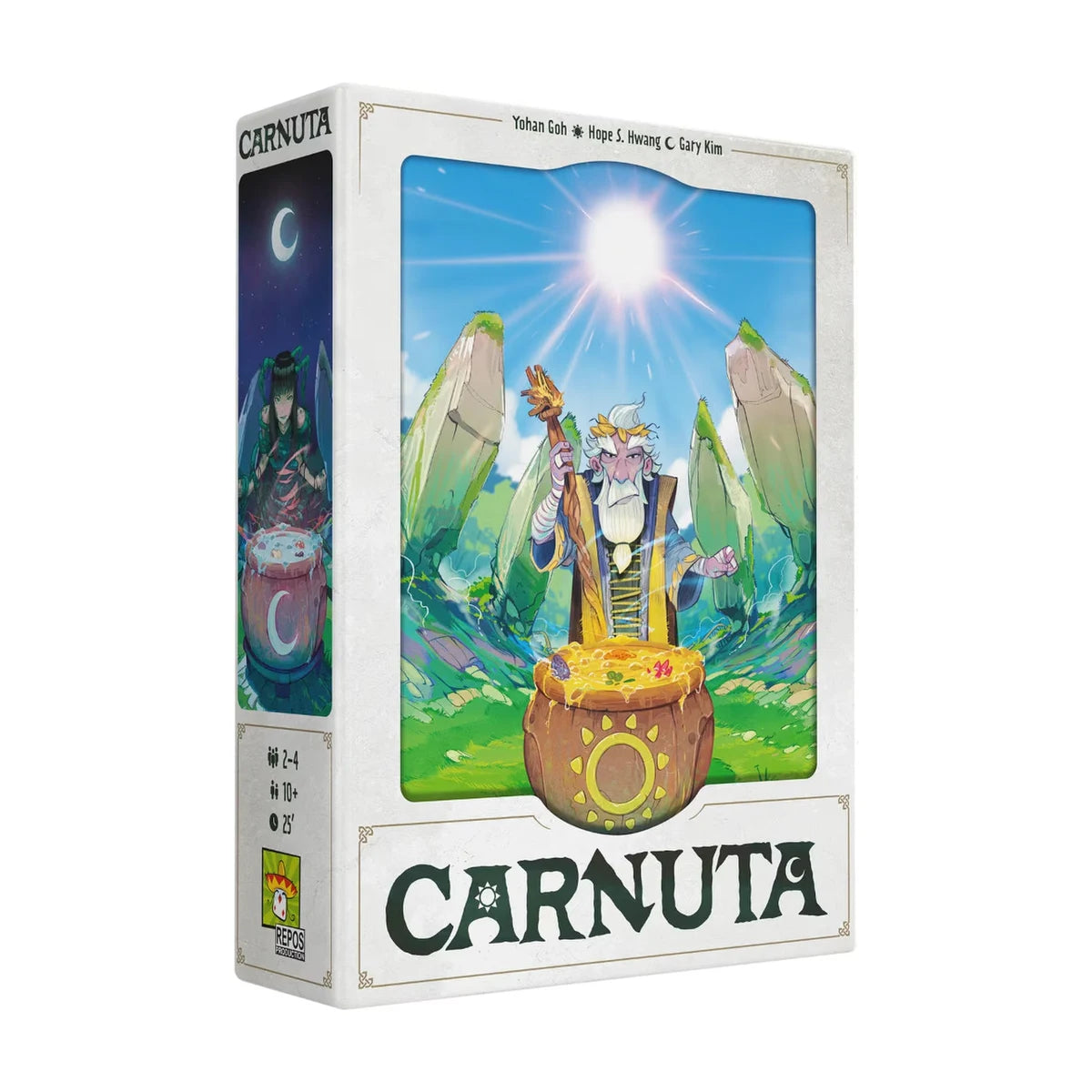 Carnuta strategy board game box by Repos Production featuring a druid preparing a potion beneath the sun