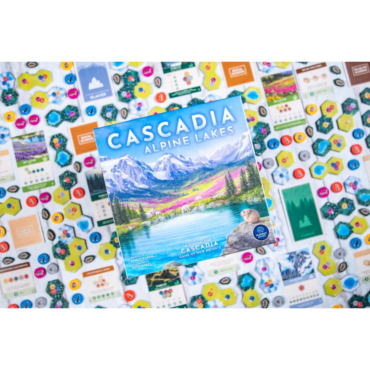 Cascadia Alpine Lakes board game box with habitat tiles wildlife tokens scoring cards and game components
