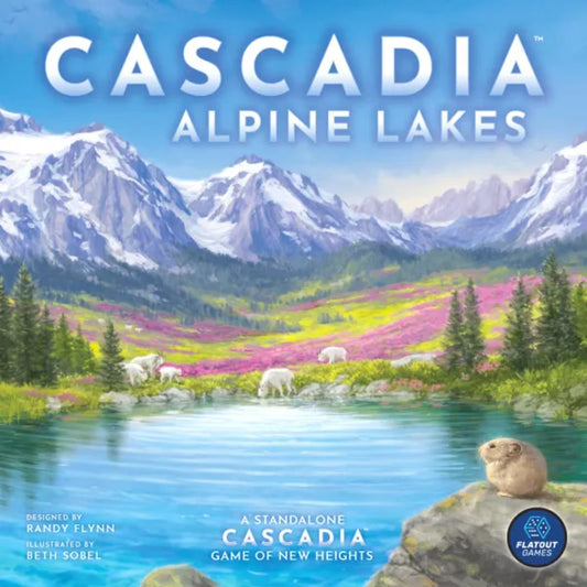 Cascadia Alpine Lakes board game cover featuring snowy mountains an alpine lake wildlife and a pika