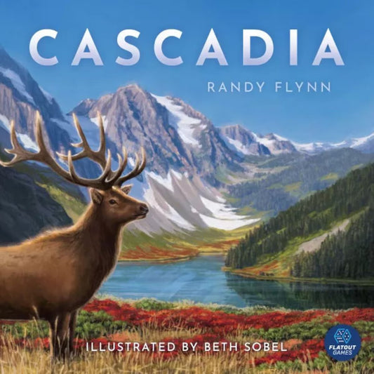 Cascadia board game cover featuring an elk beside a mountain lake in the Pacific Northwest