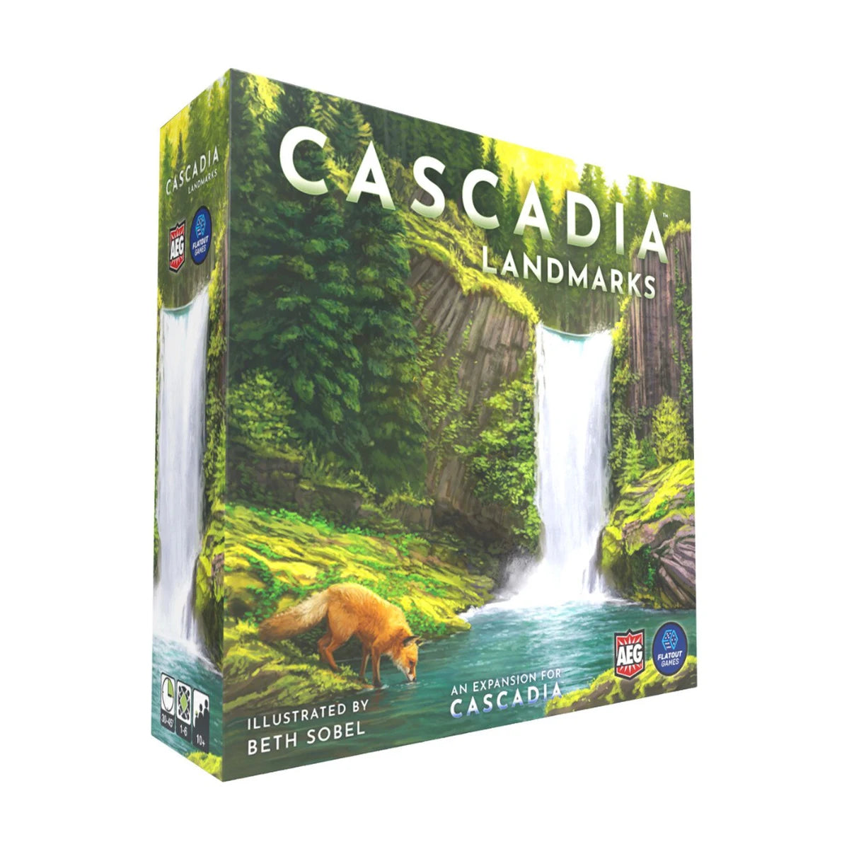 Cascadia Landmarks board game expansion box featuring a Pacific Northwest forest waterfall and red fox
