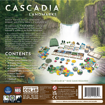 Cascadia Landmarks board game expansion back showing habitat tiles wildlife cards landmark tokens and components