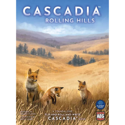 Cascadia Rolling Hills standalone flip and roll and write board game box cover with foxes and prairie landscape