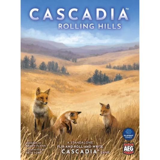 Cascadia Rolling Hills standalone flip and roll and write board game box cover with foxes and prairie landscape