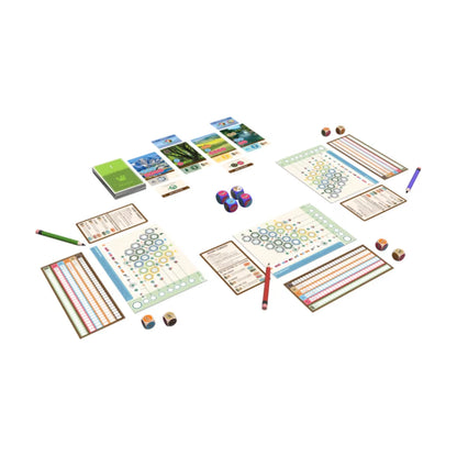 Cascadia Rolling Hills board game components showing dice, habitat cards, tally sheets, environment sheets and player aids