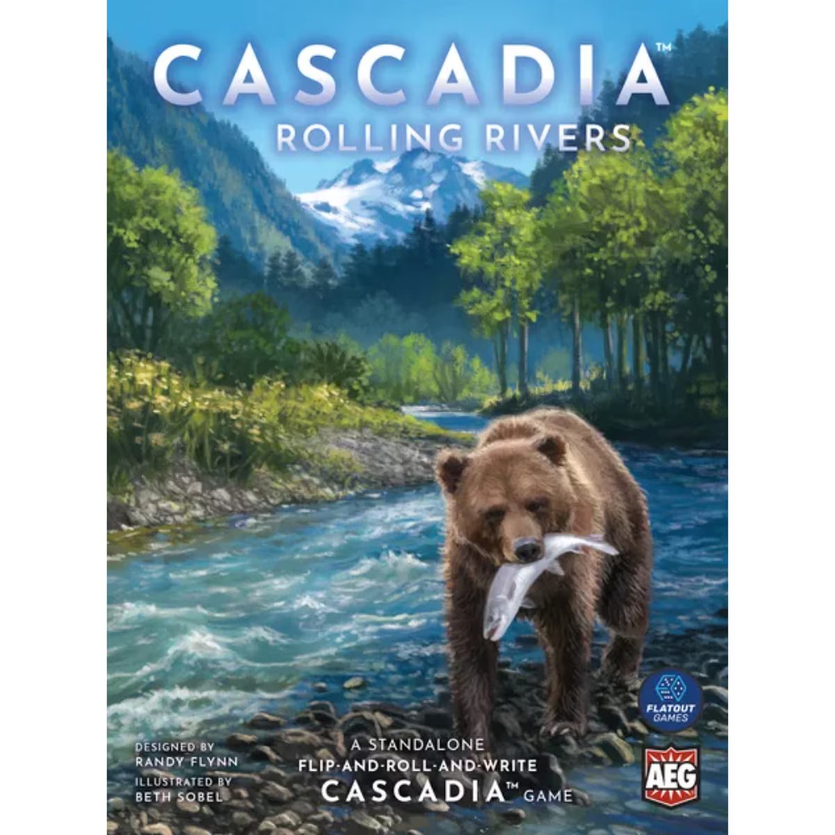 Cascadia Rolling Rivers standalone board game box with bear river artwork for 1 to 4 players