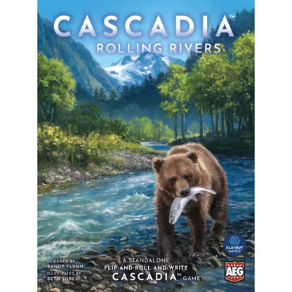 Cascadia Rolling Rivers standalone board game box with bear river artwork for 1 to 4 players
