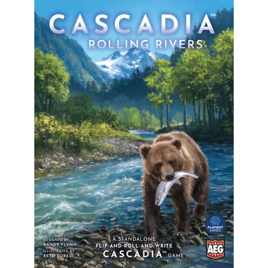 Cascadia Rolling Rivers standalone board game box with bear river artwork for 1 to 4 players