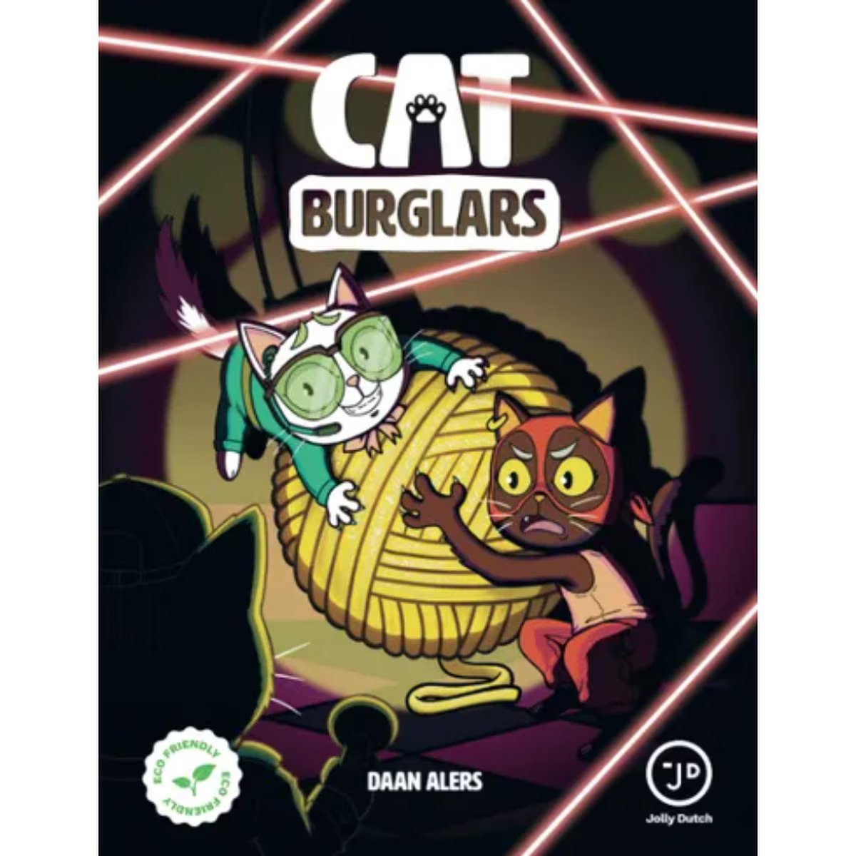 Cat Burglars Card Game cover artwork showing cat burglars carrying a Golden Ball of Yarn through museum lasers