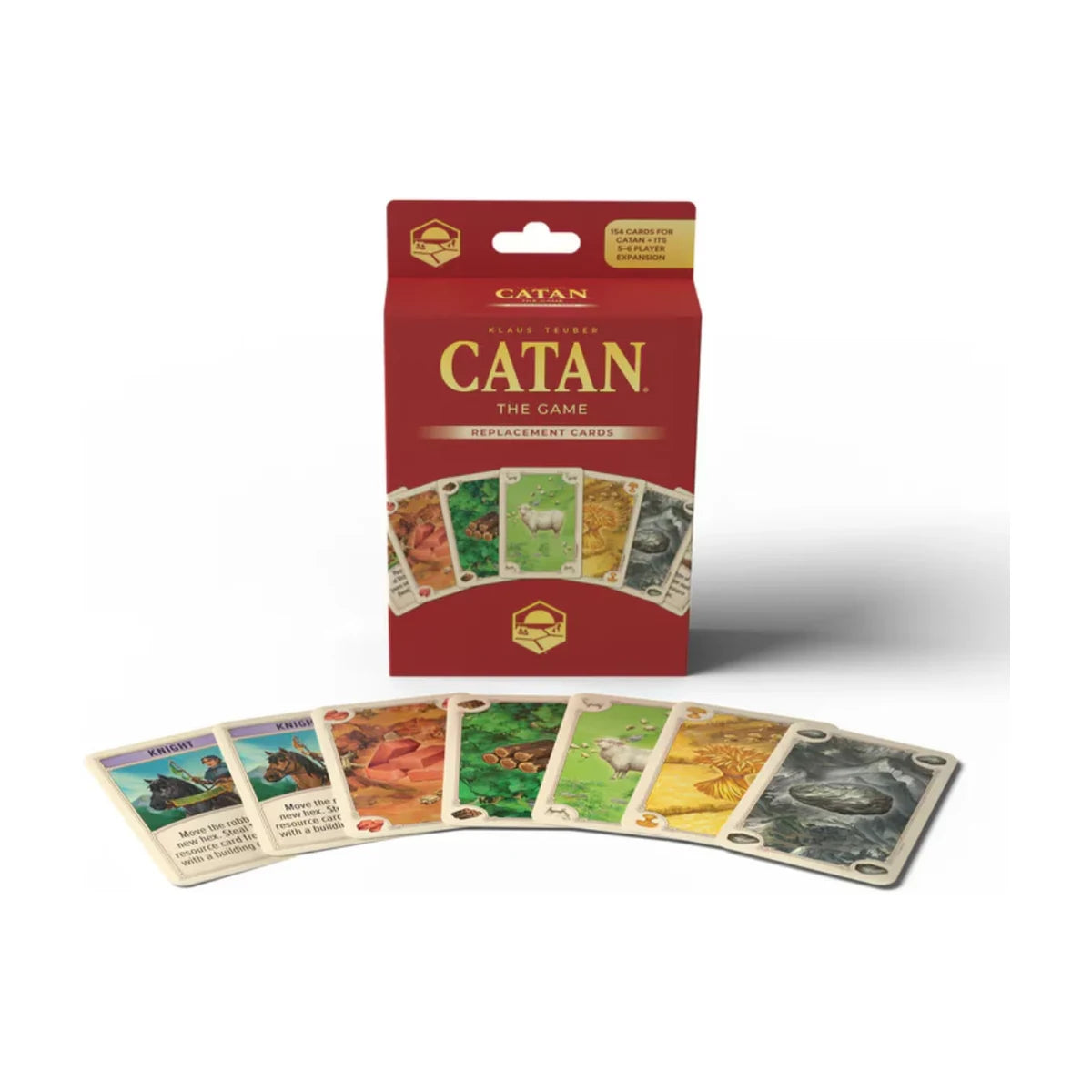 CATAN 6th Edition replacement cards box with resource and development cards displayed