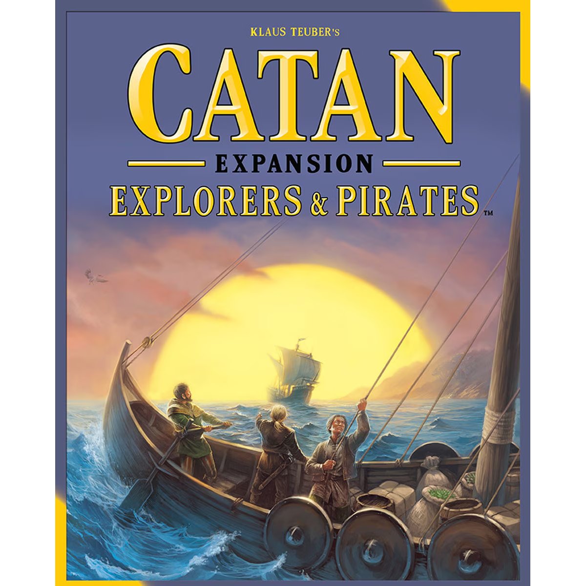 Catan Explorers and Pirates Expansion box front showing explorers sailing across the sea at sunset