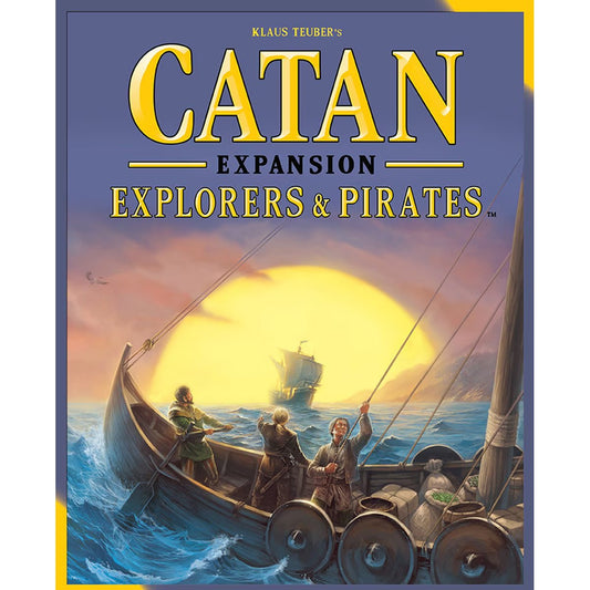 Catan Explorers and Pirates Expansion box front showing explorers sailing across the sea at sunset