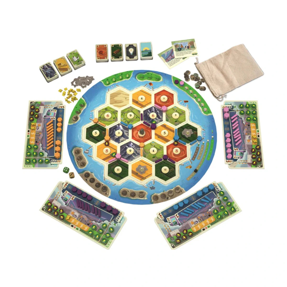CATAN New Energies game setup with island board, player boards, cards and playing pieces