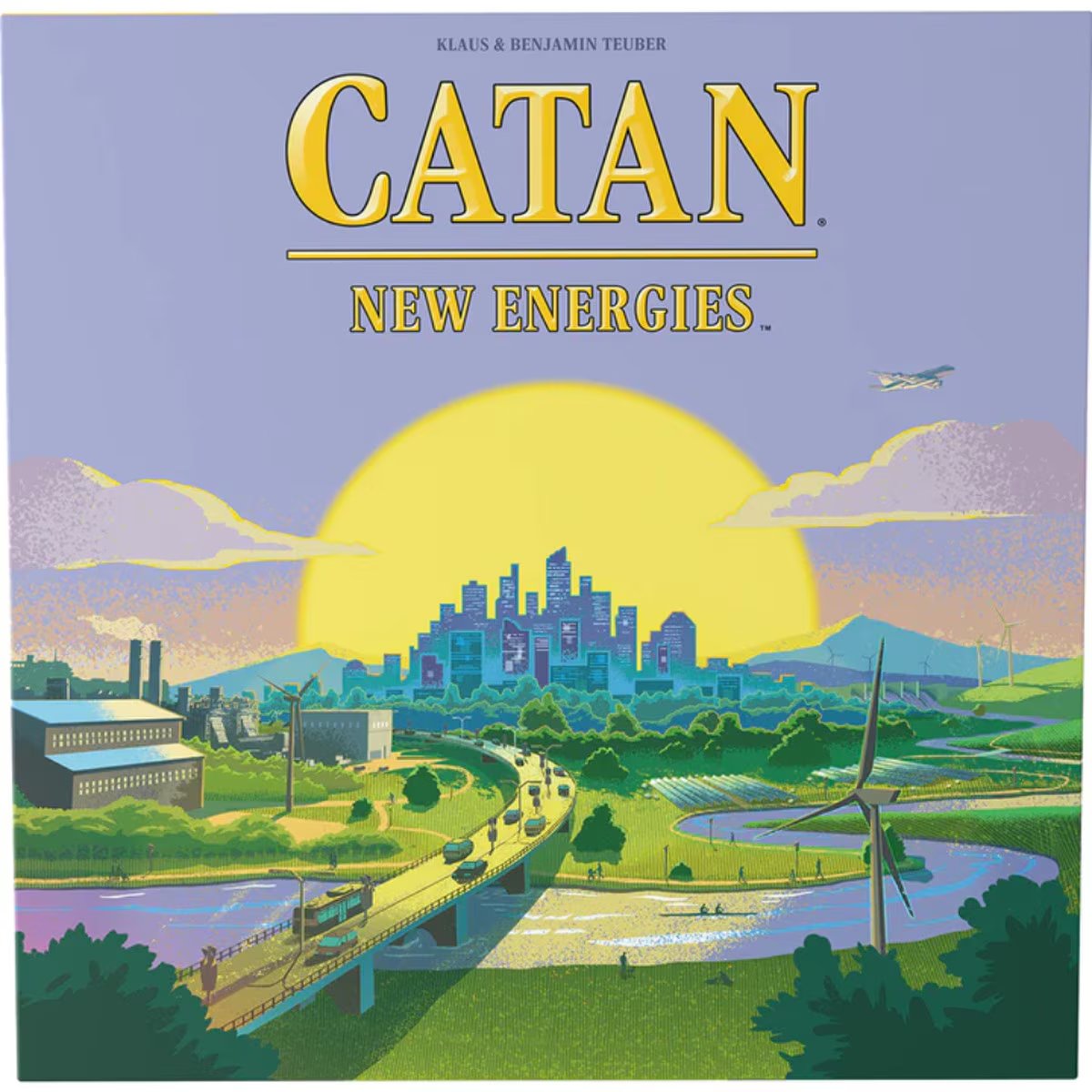 CATAN New Energies cover artwork showing a modern city and renewable energy landscape