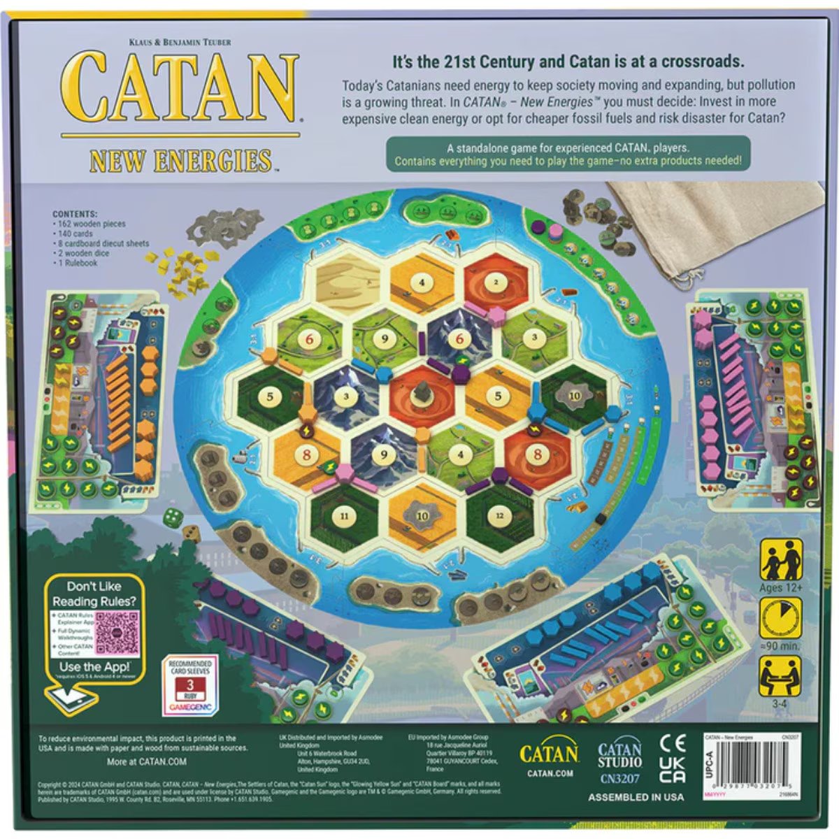 Back of the CATAN New Energies box showing the game setup, contents and product details