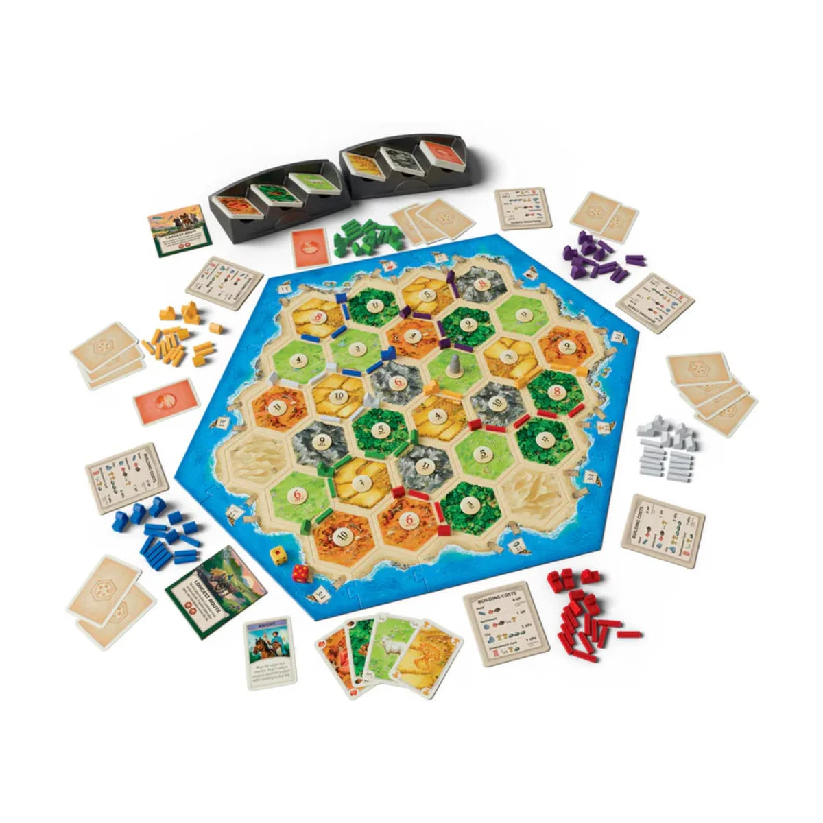 Catan 6th Edition 5 to 6 player expansion game setup with added player pieces
