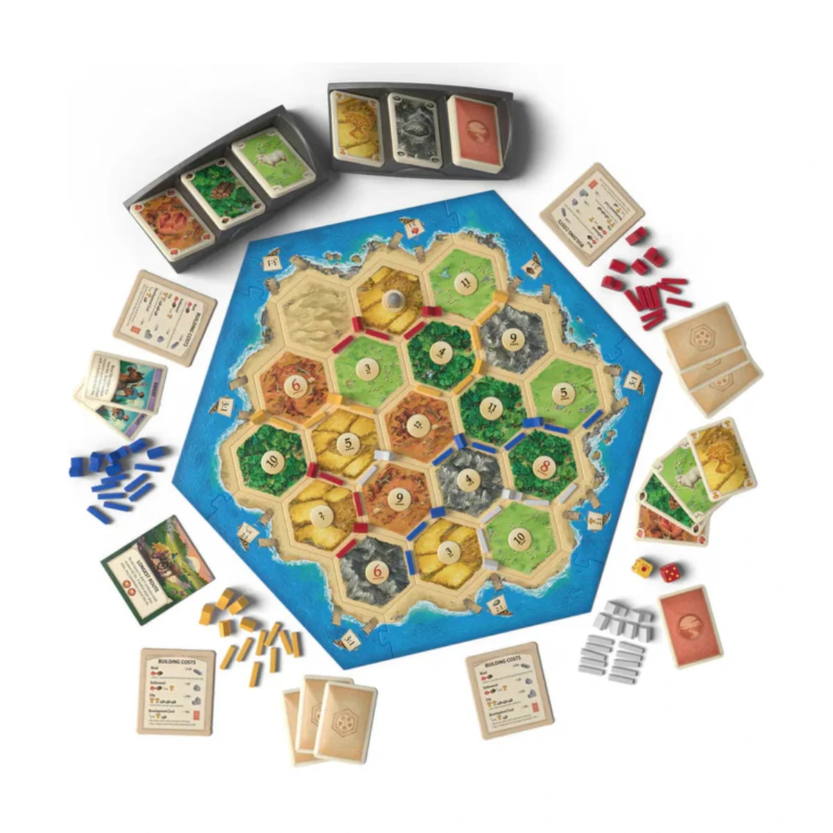 Catan 6th Edition board game setup with board cards and player pieces
