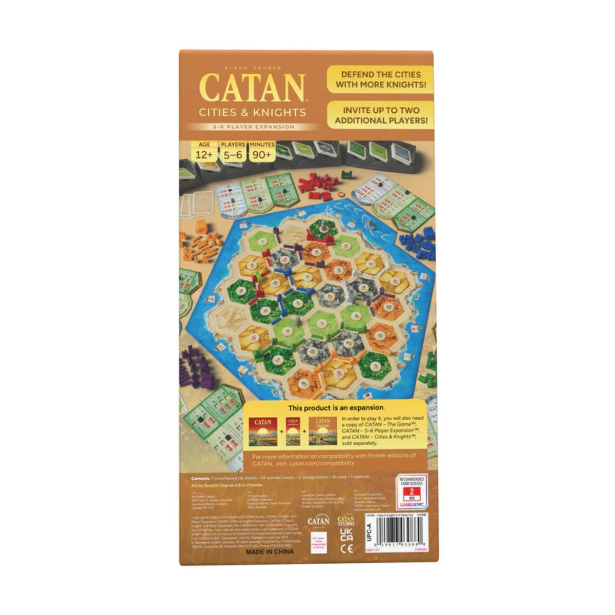 Back of CATAN Cities and Knights 5 to 6 Player Expansion box showing player count components and requirements