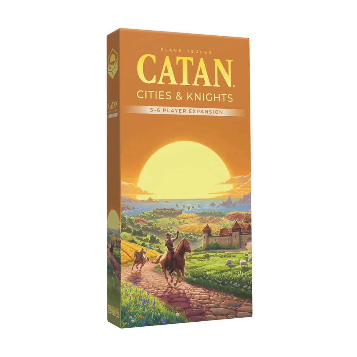 CATAN 6th Edition Cities and Knights 5 to 6 Player Expansion angled box with sunset artwork