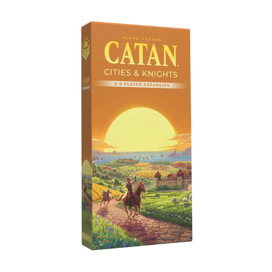 CATAN 6th Edition Cities and Knights 5 to 6 Player Expansion angled box with sunset artwork