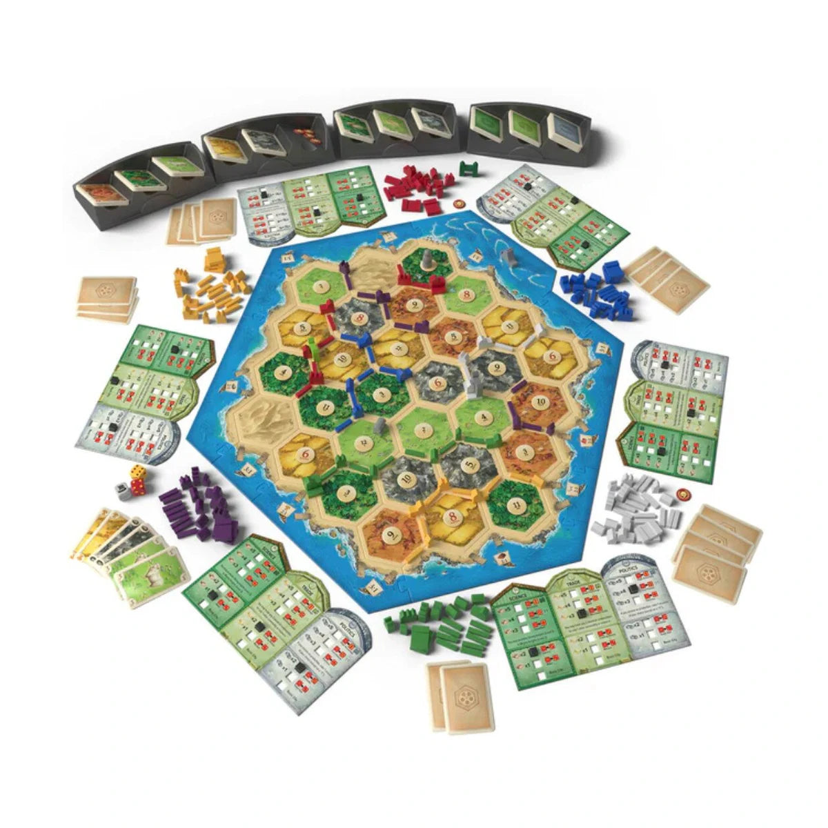 CATAN 6th Edition Cities and Knights 5 to 6 Player Expansion components with extra player pieces cards and boards