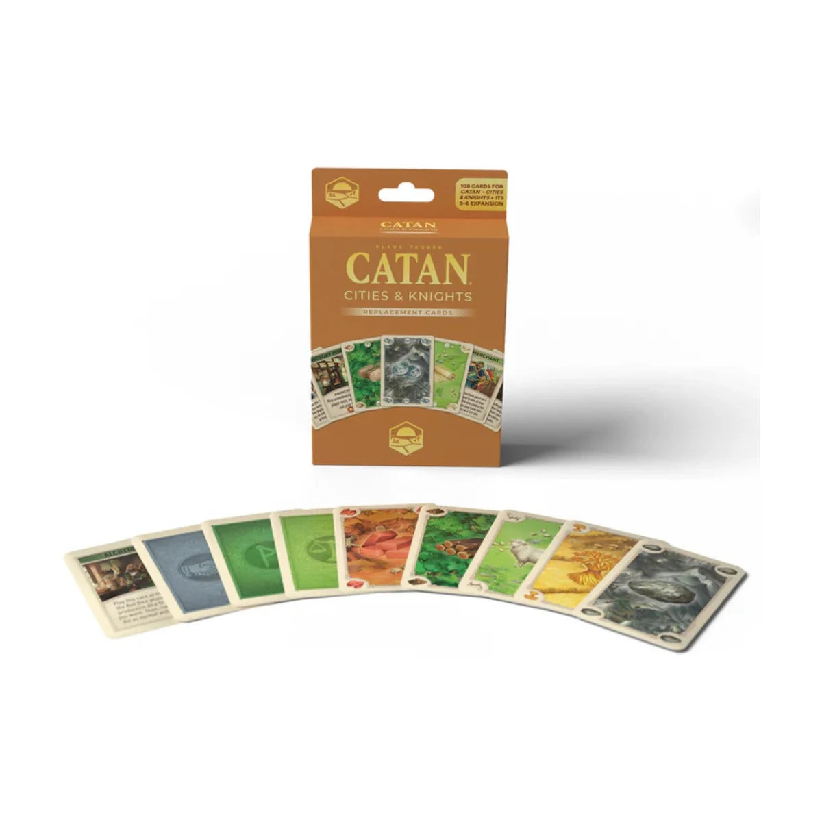 CATAN Cities & Knights 6th Edition replacement card box with progress and commodity cards shown