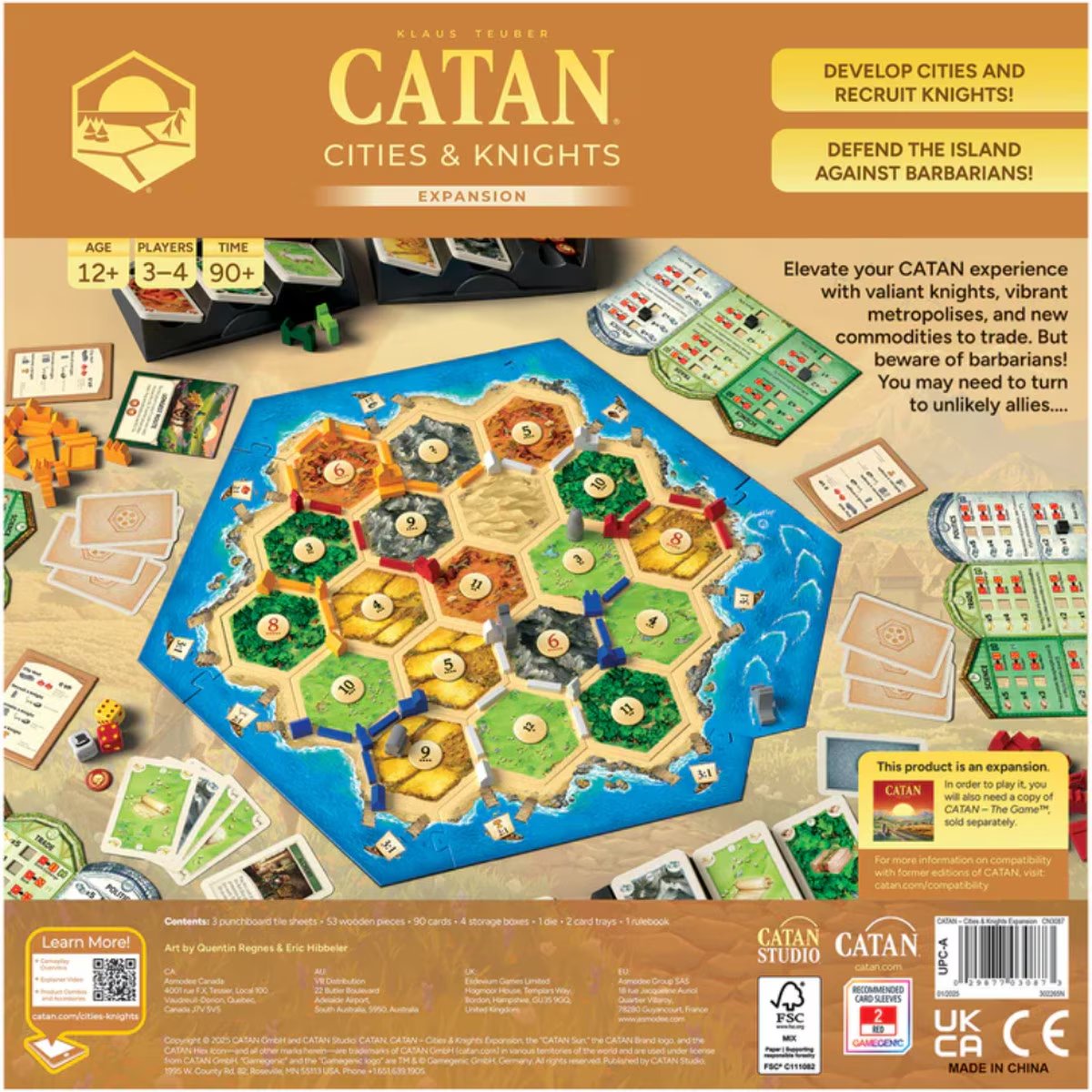 Back of CATAN 6th Edition Cities and Knights Expansion box showing components age players and game features