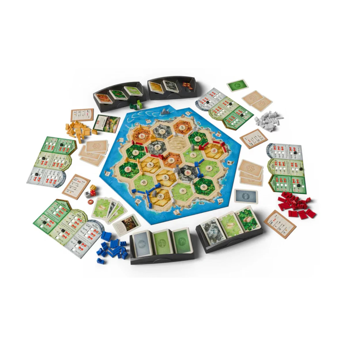 CATAN 6th Edition Cities and Knights Expansion components with board cards knights and city improvement pieces