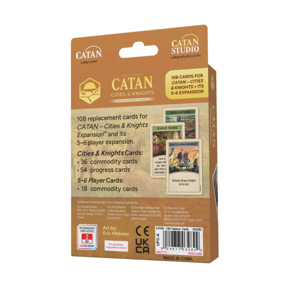 Back of CATAN Cities & Knights replacement card pack showing 108 cards for the 6th Edition expansion