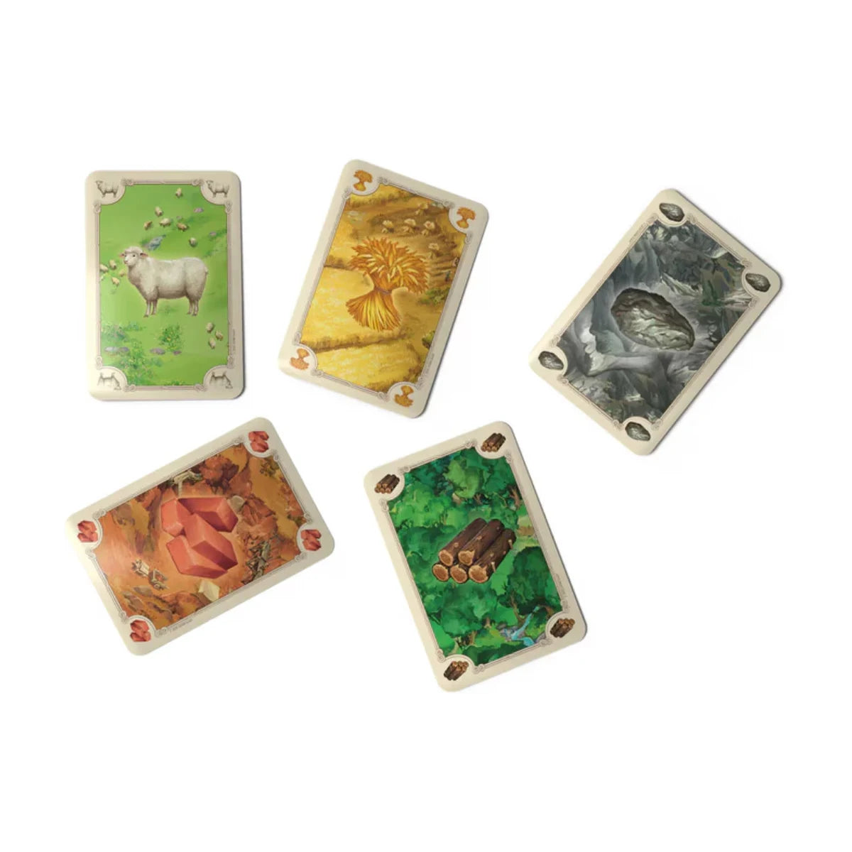 Catan 6th Edition resource cards showing wool grain ore brick and lumber