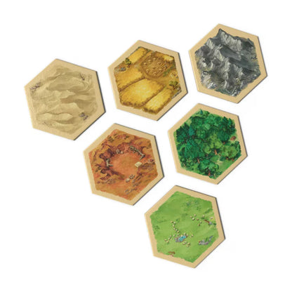 Catan 6th Edition terrain hex tiles showing desert fields mountains forest and pasture