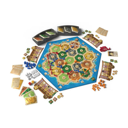 CATAN Traders and Barbarians Expansion components with board, wooden pieces, cards, tokens and scenario content