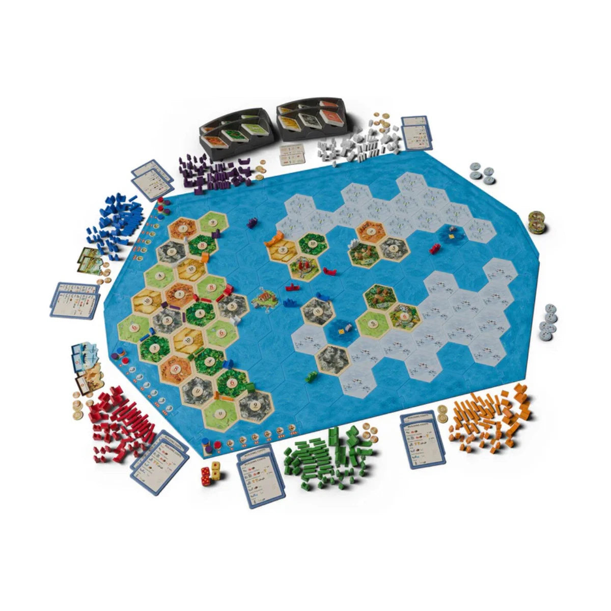 CATAN Explorers and Pirates 5-6 Player Expansion full components layout with modular sea board, ships, player pieces, cards and tokens