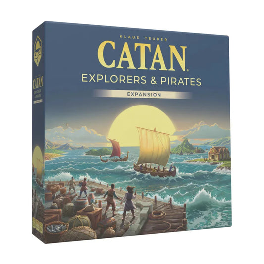 Catan Explorers and Pirates 6th Edition angled expansion box showing sailing artwork for the Catan board game add on