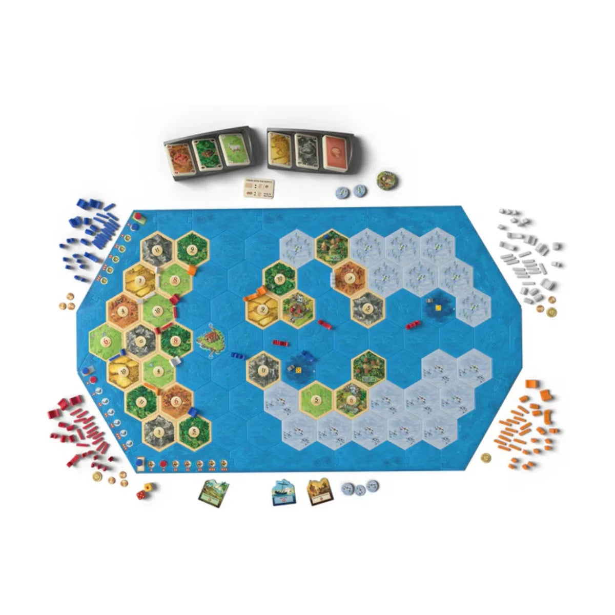 Catan Explorers and Pirates 6th Edition board setup with sea tiles, island hexes, ships, player pieces and mission components