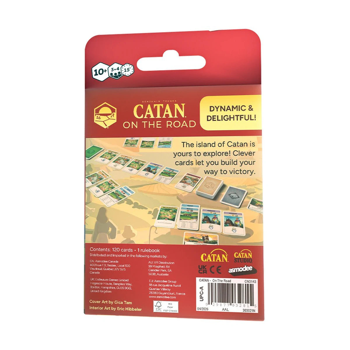 CATAN On the Road back of box showing 120 cards and quick 15 minute gameplay details