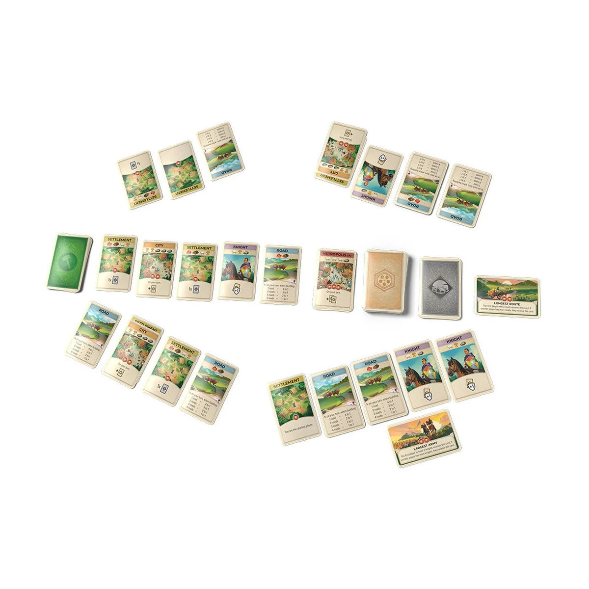 CATAN On the Road table layout with building cards resource cards and victory point cards
