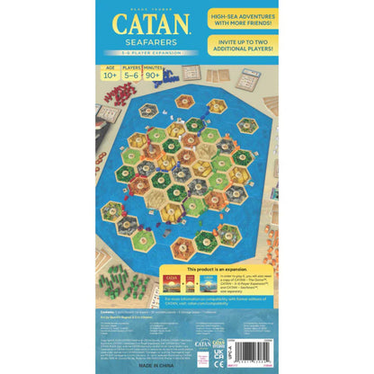 Catan Seafarers 5 to 6 Player Expansion back of box showing components, 10 plus age, 5 to 6 players and 90 plus minute play time