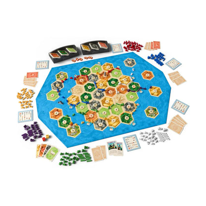Catan Seafarers 5 to 6 Player Expansion board setup with sea hexes, ships, player pieces and island exploration components
