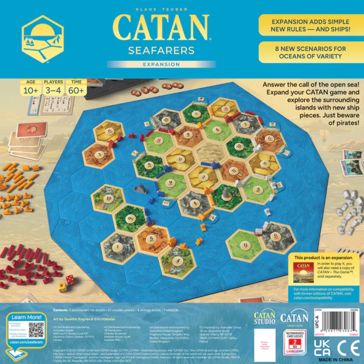 CATAN Seafarers Expansion 6th Edition back box with features and contents