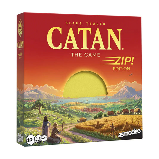 CATAN Zip Edition board game box cover showing portable travel CATAN artwork