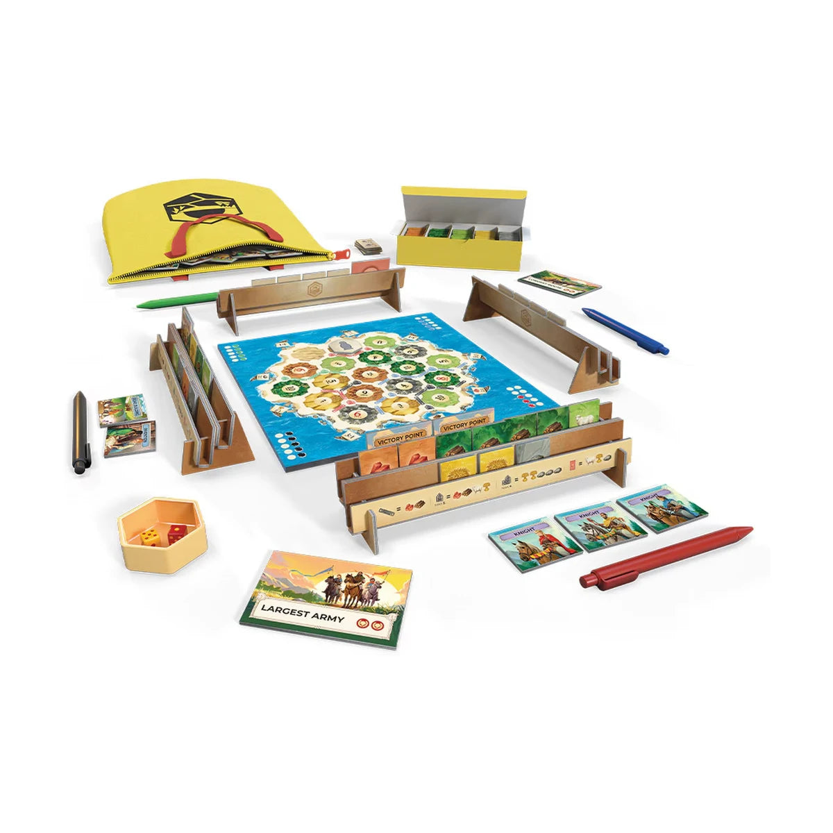CATAN Zip Edition portable board game contents with map pad, resource tiles, pens, tray holders and travel bag
