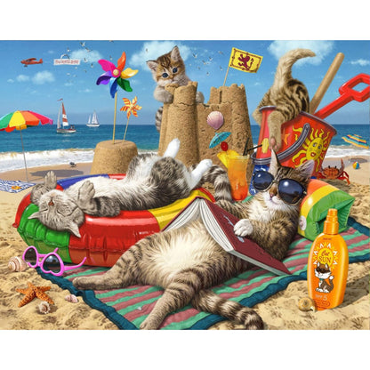 Completed Cats on the Beach puzzle artwork showing playful cats at the seaside