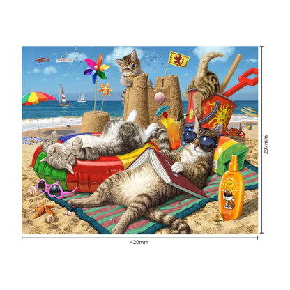 Cats on the Beach 300 piece puzzle size guide showing finished size 420 by 297 mm