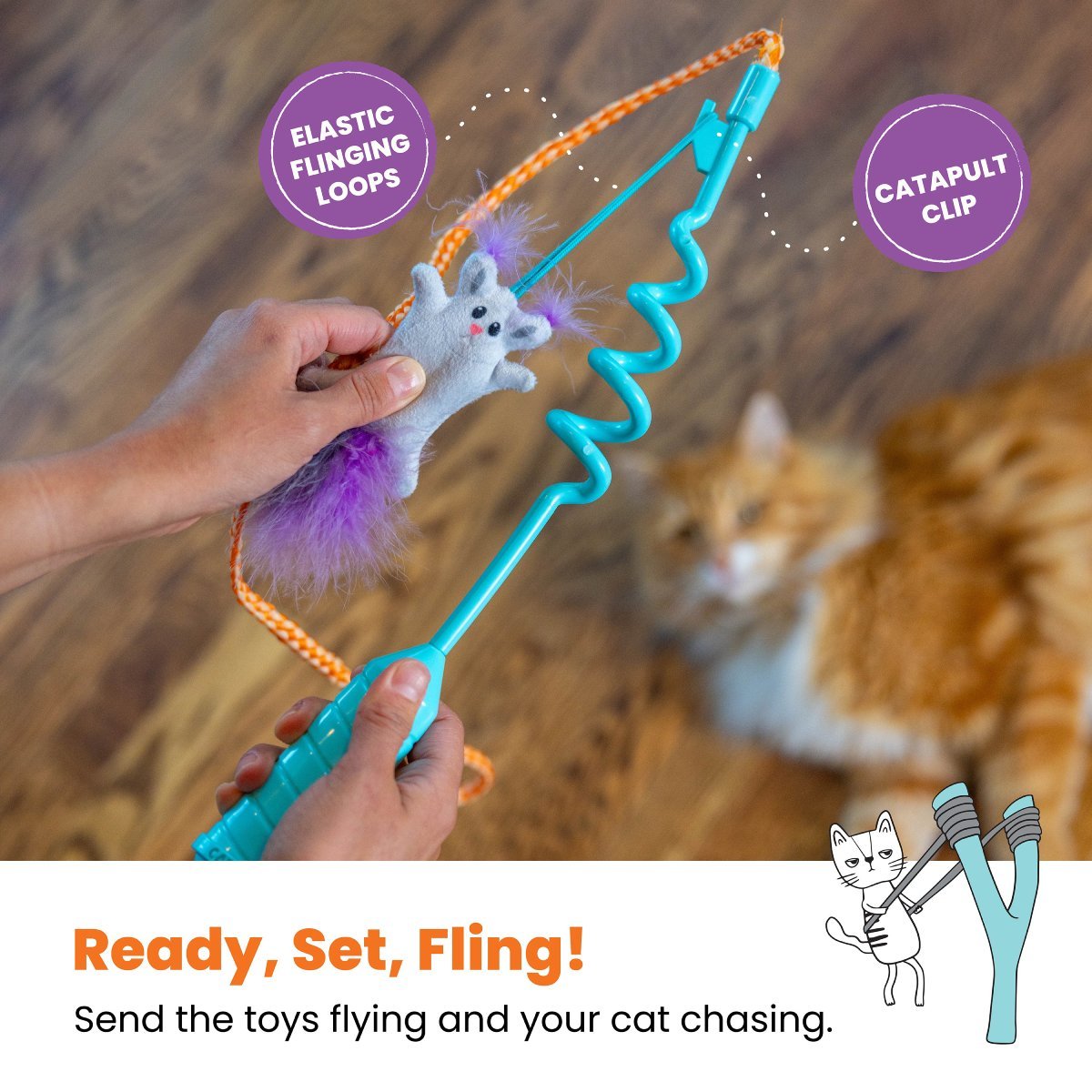 Catstages Cat-apult Spring Wand showing flinger clip and elastic toy loop