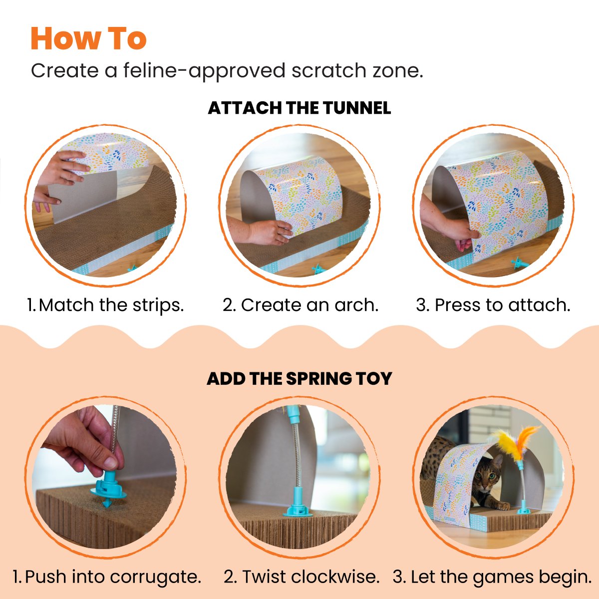 Catstages Cat Tunnel Scratcher assembly guide for removable tunnel and spring toy