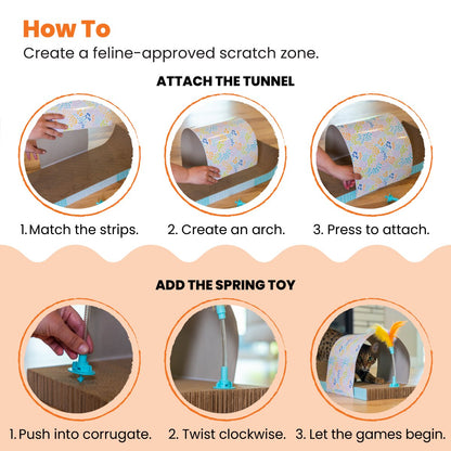 Catstages Cat Tunnel Scratcher assembly guide for removable tunnel and spring toy